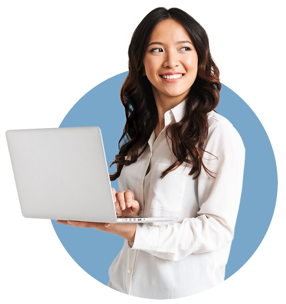 Woman holding a laptop with lease accounting software.